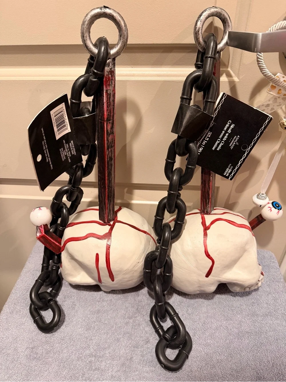 Ashland White Skull Ornament Pair with Red Drip and Black Chains